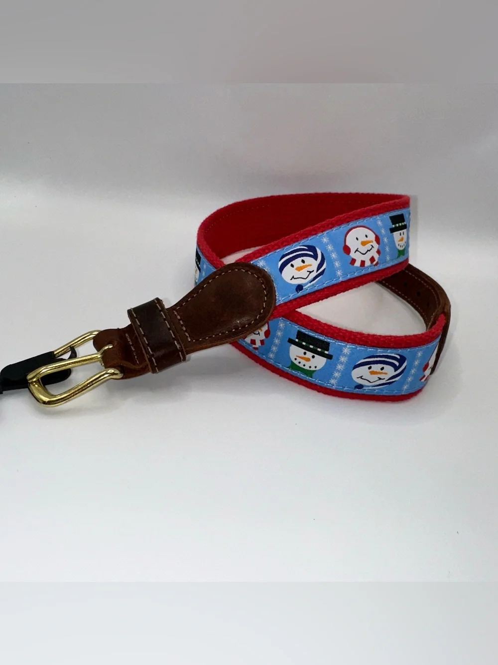 Preston Leather Snowman Holiday Belt Solid Brass Buckle Kids Size 22 Made in USA